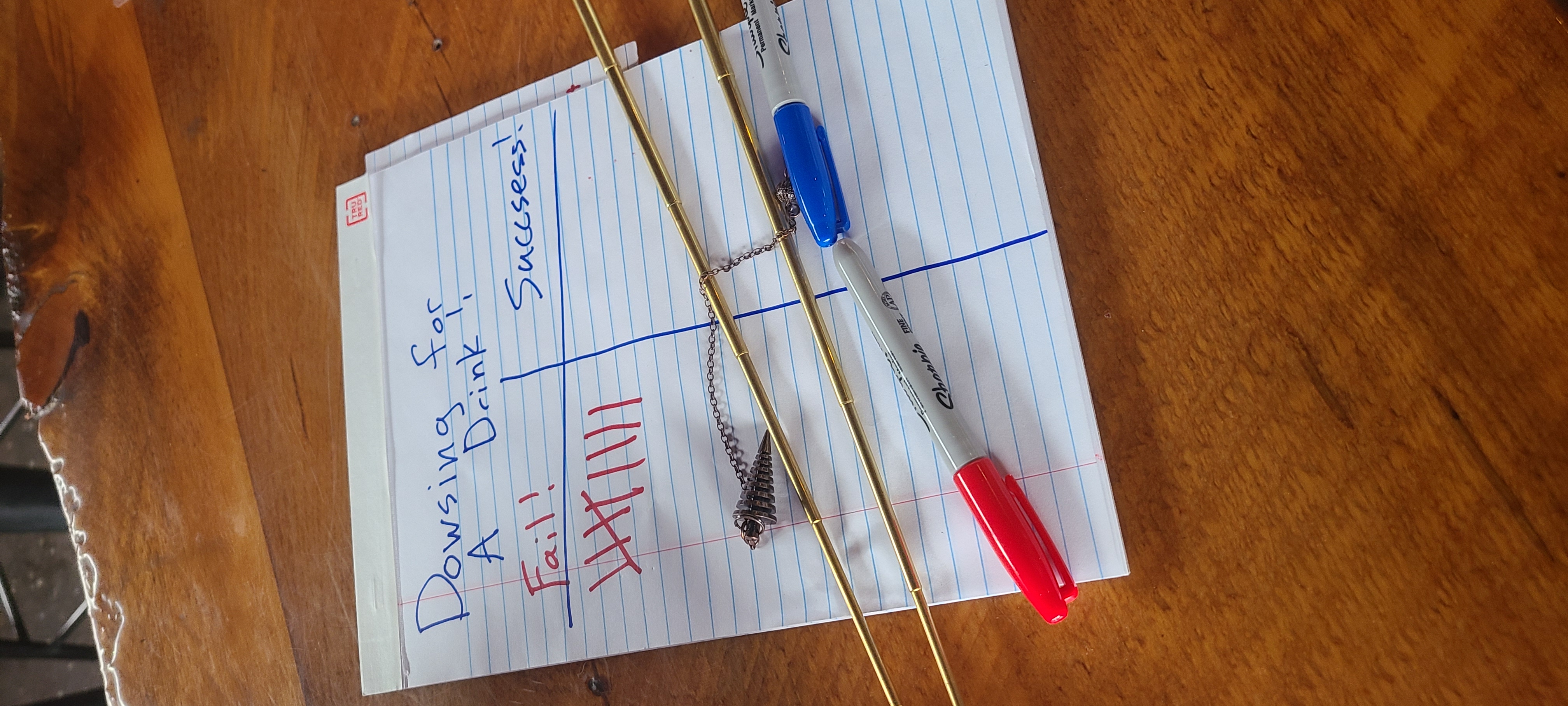 Dowsing for a Drink Notepad Tally showing fails and successes with dowsing rods