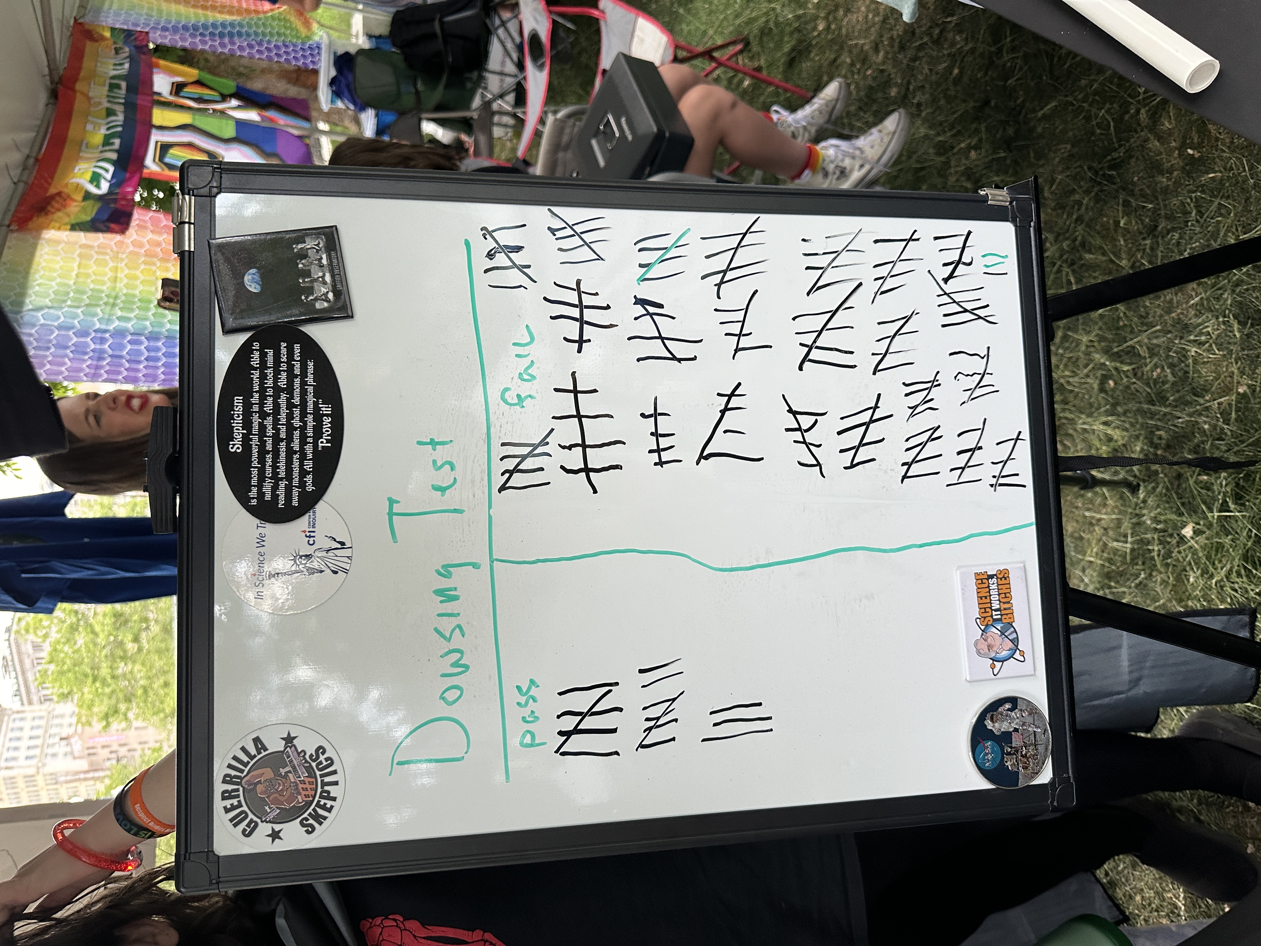 Whiteboard tracking Dowsing Test pass and fail tally at festival booth
