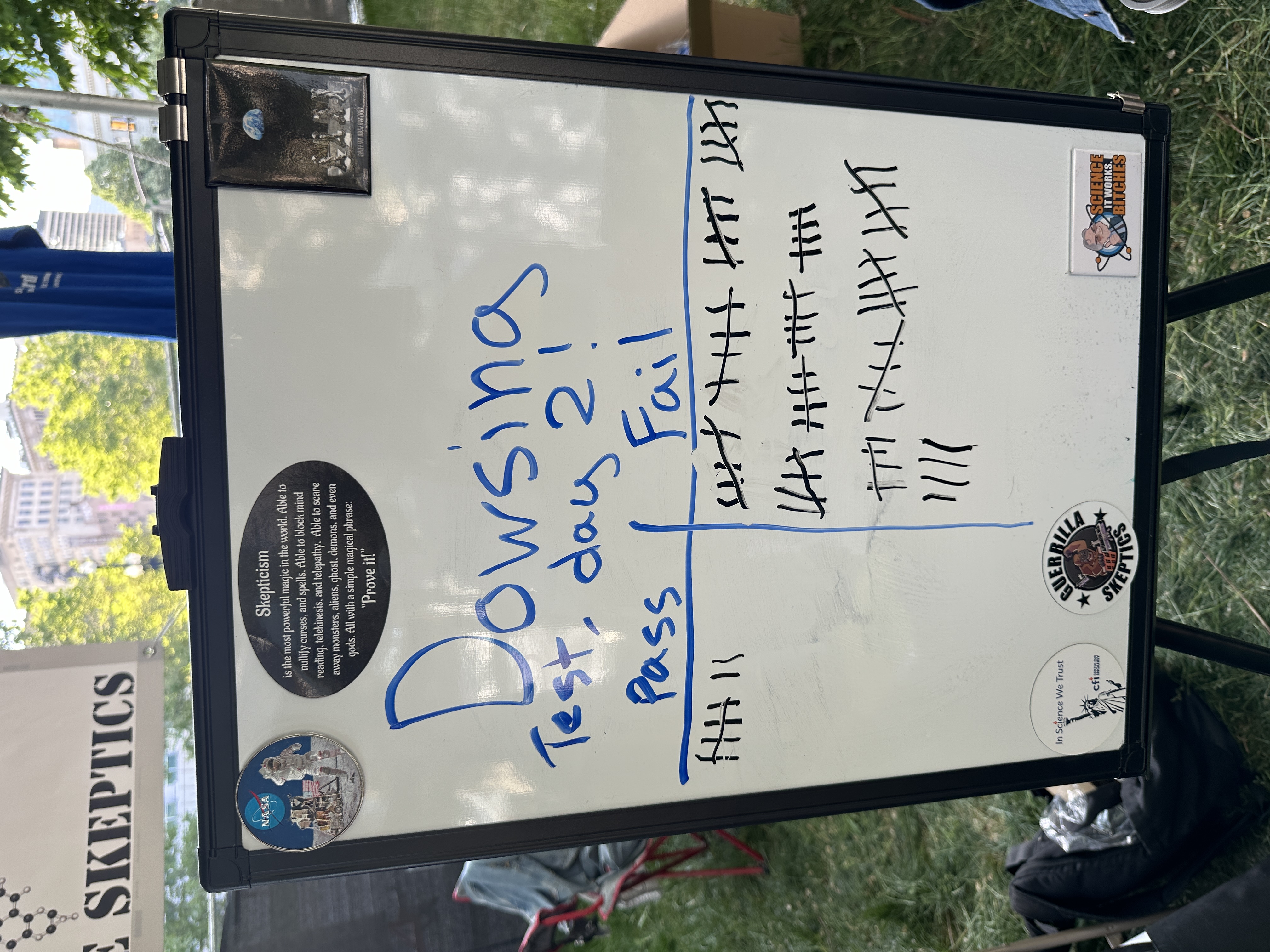 Whiteboard showing Dowsing Test Day 2 tally results