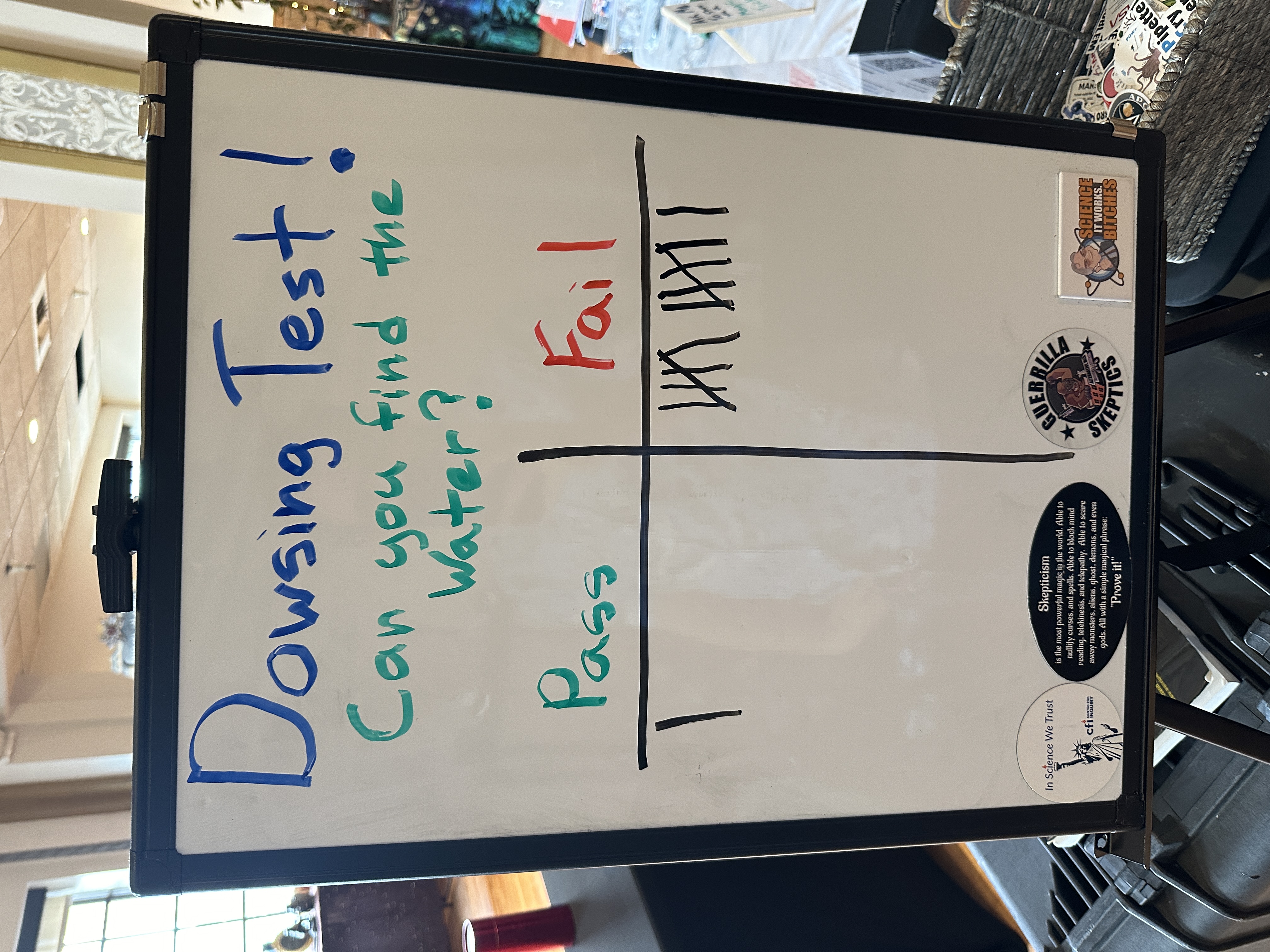 Whiteboard asking Can You Find the Water with pass and fail tally